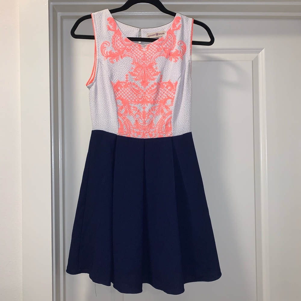 Neon pink & navy dress great for sorority events